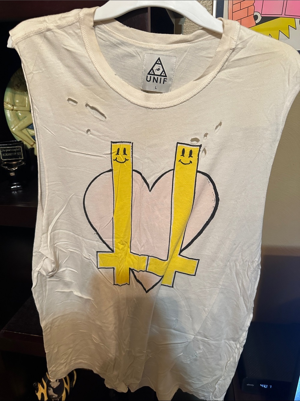 UNIF White Tank Top with Yellow Smiley Crosses and Pale Pink Heart